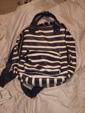 Black and White Striped Faux-Leather Backpack